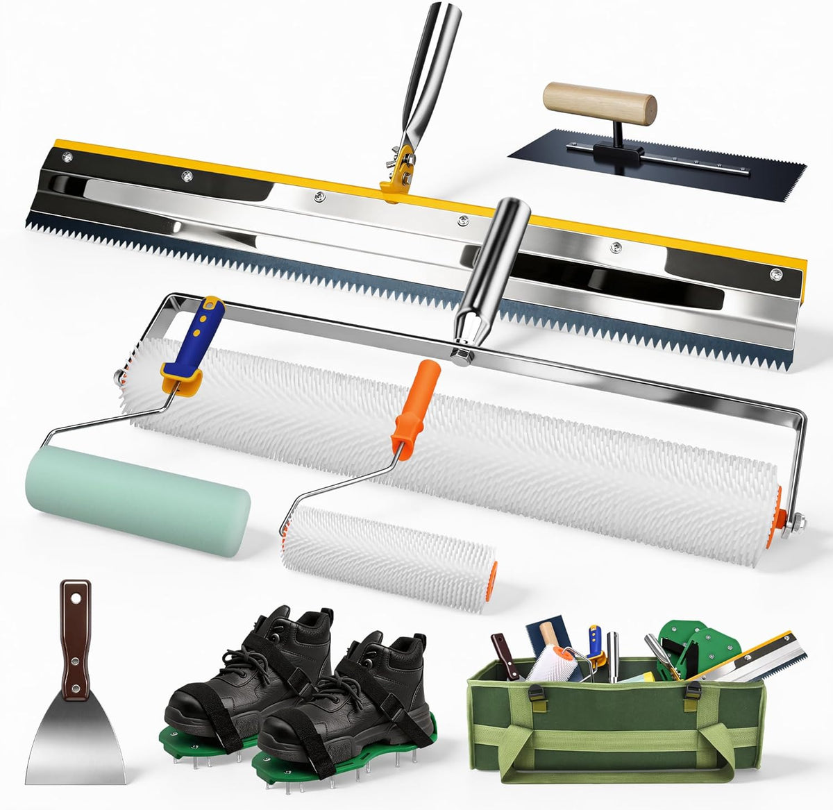 Kit Professionnel pour Sol Autonivelant & Résine Époxy – Rouleau Débulleur, Raclette, Chaussures à Pointes & Outils - Shop Stone Creation