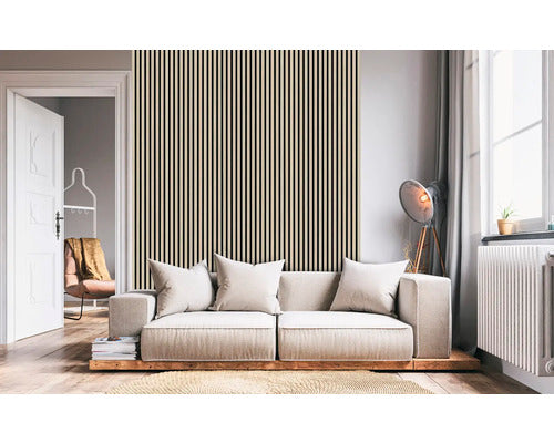 Panneau Acoustique Mural en Bois Chêne – Tasseaux MDF & Feutre Noir - Shop Stone Creation
