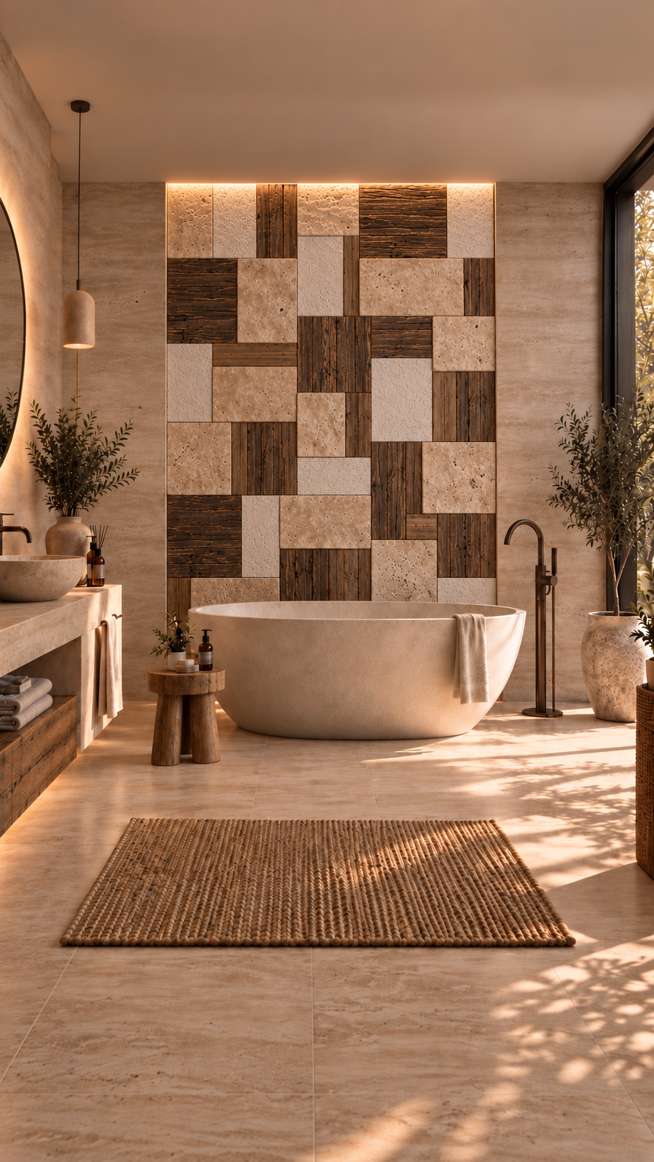 TERRA WOOD – Panneau Mural Artisanal 3D en Travertin, Vieux Bois & Finition Minérale – 65 × 60 cm - Shop Stone Creation