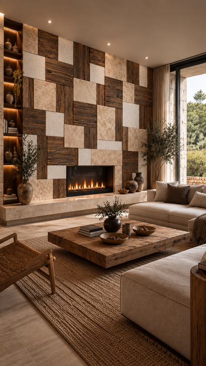 TERRA WOOD – Panneau Mural Artisanal 3D en Travertin, Vieux Bois & Finition Minérale – 65 × 60 cm - Shop Stone Creation