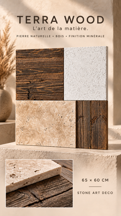 TERRA WOOD – Panneau Mural Artisanal 3D en Travertin, Vieux Bois & Finition Minérale – 65 × 60 cm - Shop Stone Creation