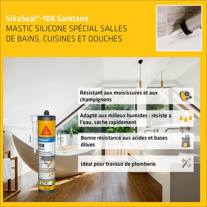 SikaSeal 108 Sanitaire – Mastic Silicone Anti-Moisissures Cuisine & Salle de Bain