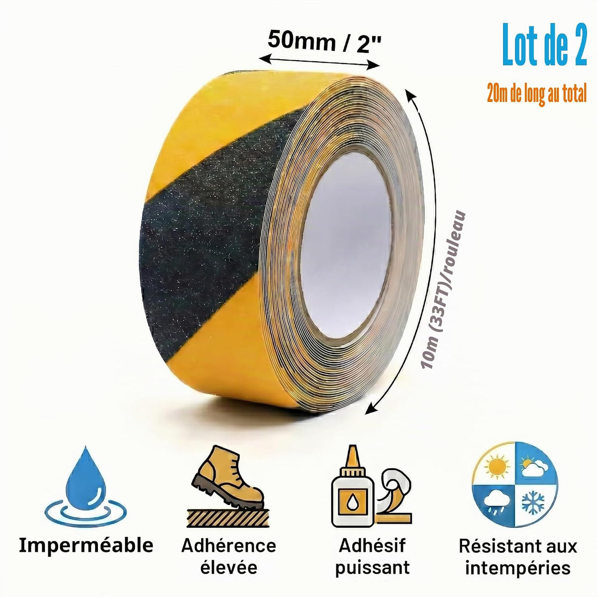 Ruban Antidérapant Professionnel Noir & Jaune – 50 mm × 10 m – Intérieur & Extérieur - Shop Stone Creation