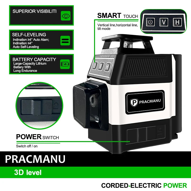 PRACMANU – Niveau Laser 3D 12 Lignes Auto-Nivelant 360° (Laser Vert) - Shop Stone Creation