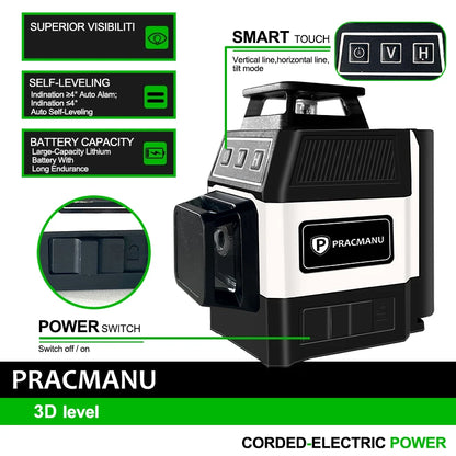PRACMANU – Niveau Laser 3D 12 Lignes Auto-Nivelant 360° (Laser Vert) - Shop Stone Creation
